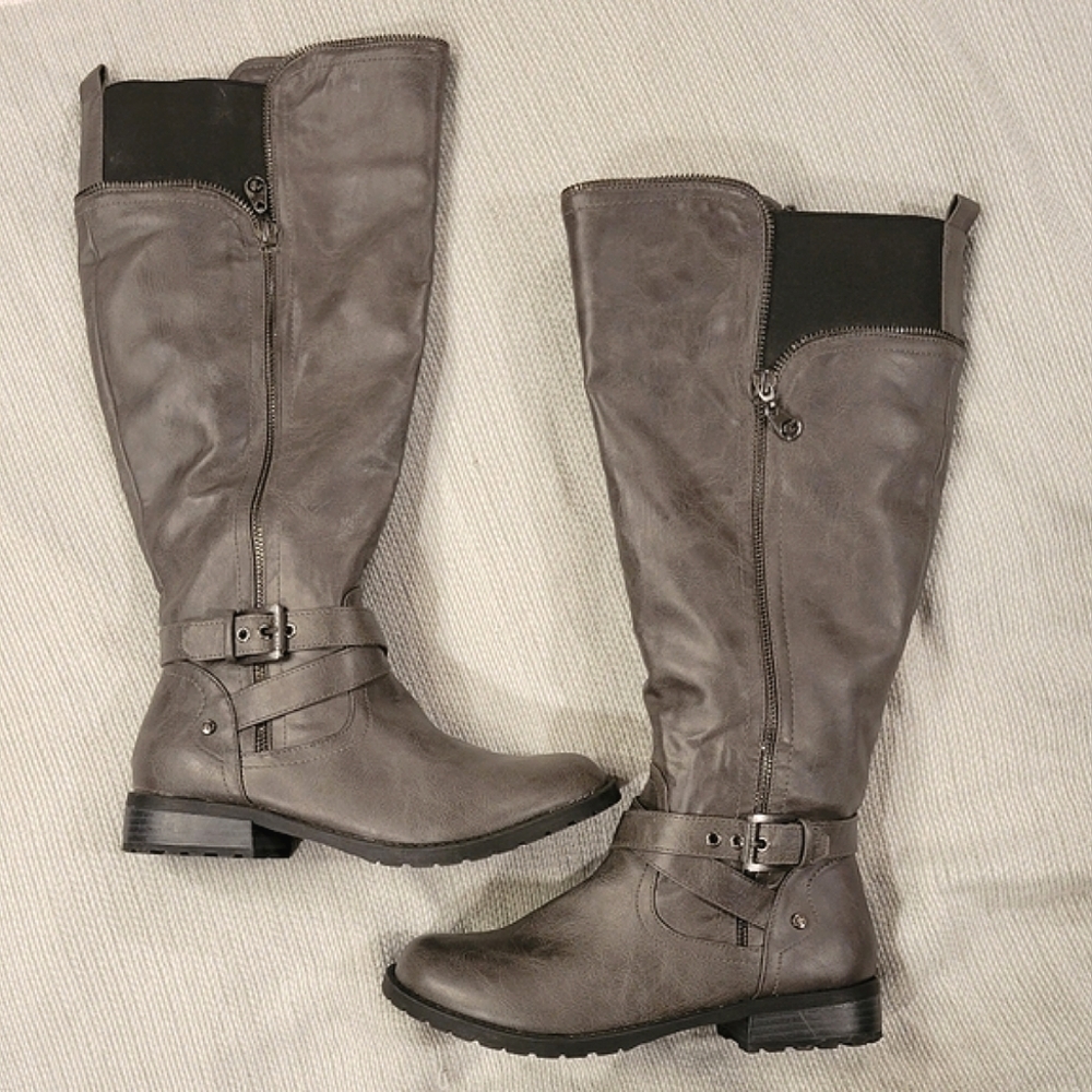 Gray Guess Wide Calf Tall Boots Zip Buckles Riding "Halsey" 7.5, Barely Worn - Picture 3 of 16
